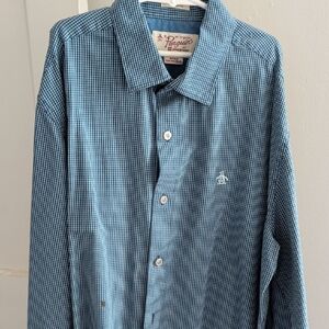 Original Penguin Men's Teal Checkered Button Down Shirt